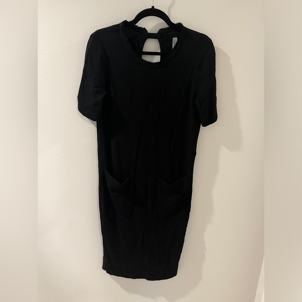 Raquel Allegra Womens Small Black Midi T Shirt Dress V-Neck Pocket Open Back 0 - Picture 3 of 5